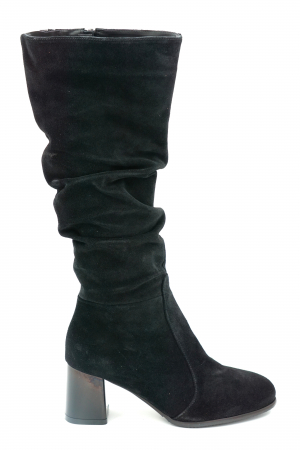 Cizme elegant & office dama - Cizme dama lungi elegante fronsate din piele naturala intoarsa neagra cu varf rotund si toc mic gros 6 cm 77221-2-23