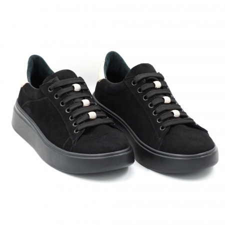 Pantofi casual & sport dama - Pantofi dama tip adidas din piele naturala intoarsa neagra si aurie cu varf rotund si talpa 3 cm 63221-1-24