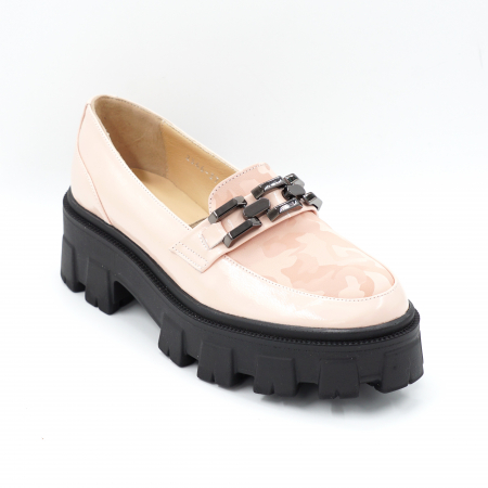 Pantofi dama casual loafers din piele naturala bej roze si cu imprimeu cu varf rotund si talpa inalta 6 cm 63120-24 [1]
