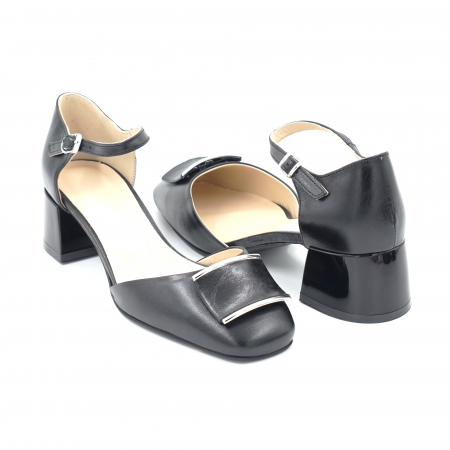 Sandale dama - Sandale dama din piele naturala neagra cu varf rotund si toc mic gros 4 cm 1092-24