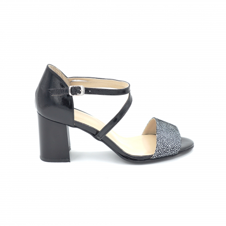 Sandale damă - Sandale dama din piele naturala lacuita neagra si cu imprimeu argintiu cu varf rotund si toc mic gros 6 cm 1069-24