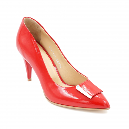 Pantofi dama din piele naturala lacuita rosie cu varf ascutit stileto si toc mediu subtire 7 cm 50724-24 [2]