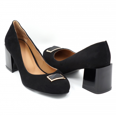 Dama - Pantofi dama din piele naturala intoarsa neagra cu varf rotund si toc mic gros 6 cm 50524-2-24