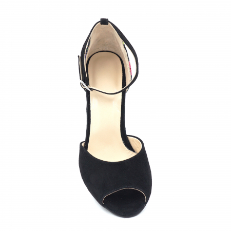 Sandale dama din piele naturala intoarsa neagra si cu imprimeu floral cu varf rotund si toc mediu gros imbracat 8 cm 1064-2-24 [4]