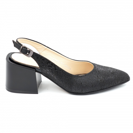 Sandale dama - Sandale dama din piele naturala neagra texturata cu varf ascutit stileto si toc mic gros 6 cm 0124-3-24