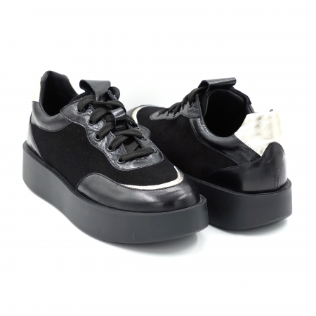 Pantofi dama tip adidas din piele naturala lacuita si intoarsa neagra si argintie cu varf rotund si talpa 4 cm  51121-6-24 [2]
