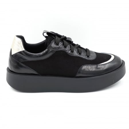 Lichidare stocuri - Pantofi dama tip adidas din piele naturala lacuita si intoarsa neagra si argintie cu varf rotund si talpa 4 cm  51121-6-24