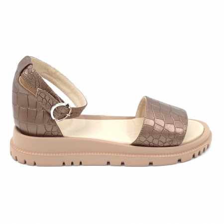 Sandale casual & sport dama - Sandale dama din piele naturala croco maro aramiu cu varf rotund si talpa joasa 3 cm 4721-2-24
