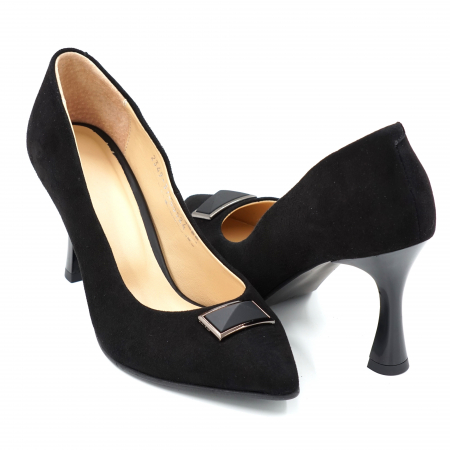 Dama - Pantofi dama din piele naturala intoarsa neagra cu varf ascutit stileto si toc mediu subtire 8 cm 50524-4-24