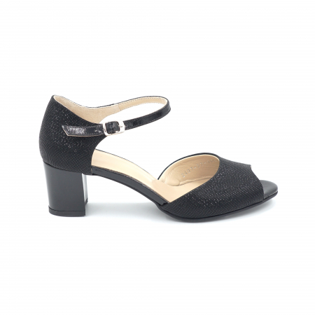 Dama - Sandale dama din piele naturala lacuita neagra si cu imprimeu negru cu varf rotund si toc mic gros 6 cm 1075-24
