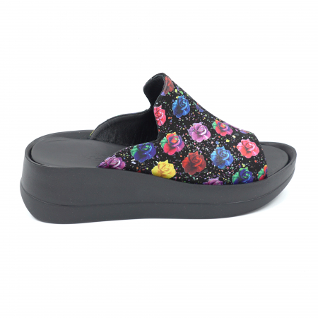 Sandale casual & sport dama - Papuci dama din piele naturala cu imprimeu floral cu varf rotund si talpa inalta 5 cm 1120-3-24