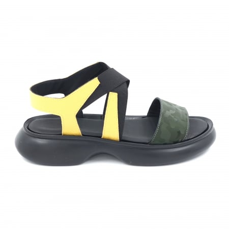 Sandale damă - Sandale dama din piele naturala galben bizonat si verde inchis cu imprimeu militar cu varf rotund si talpa joasa 4 cm 1721-24