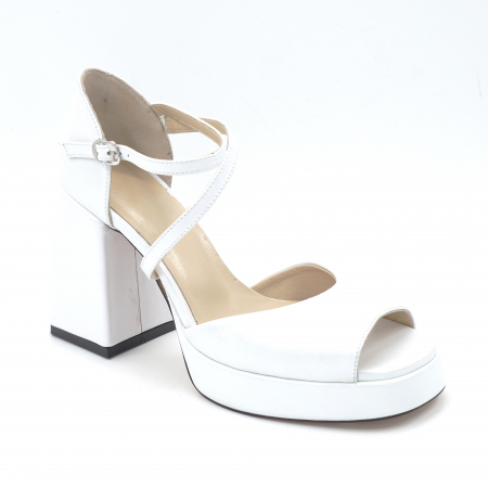 Sandale dama din piele naturala alba pt mireasa cu varf patrat, toc inalt gros imbracat 9 cm si platforma 2 cm [1]
