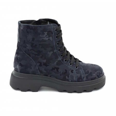 Ghete casual & bocanci dama - Ghete dama casual din piele naturala cu imprimeu bleumaren militar 3D cu varf rotund si talpa 3 cm 75221-23