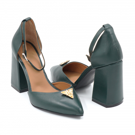 Sandale dama - Sandale dama din piele naturala verde inchis smarald cu varf ascutit stileto si toc inalt gros imbracat 9 cm 1034-24
