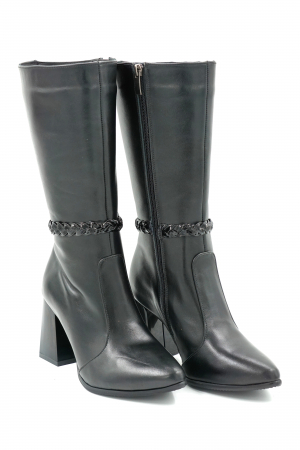 Cizme dama elegante scurte din piele naturala neagra cu varf ascutit stileto si toc mediu gros 8 cm 72018-4-23 [1]