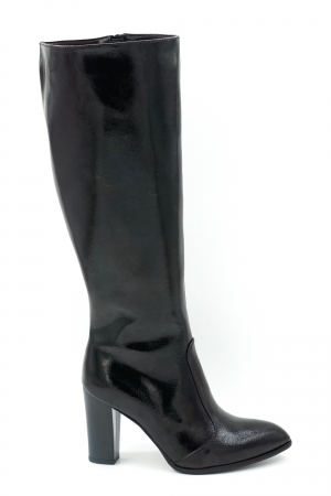 Cizme elegant & office dama - Cizme dama lungi elegante din piele naturala lacuita neagra cu varf ascutit si toc inalt gros 8 cm 70123-5-23