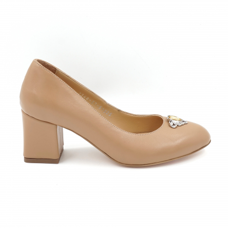 Pantofi dama din piele naturala bej maroniu cu varf rotund si toc mic gros imbracat 6 cm 51324-2-24 [3]