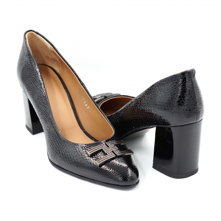 Pantofi dama - Pantofi dama din piele naturala neagra cu imprimeu croco cu varf rotund si toc mic gros 6 cm 50623-24