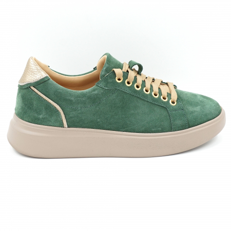 Lichidare stocuri - Pantofi dama tip adidas din piele naturala intoarsa verde crud si aurie cu varf rotund si talpa 3 cm 63621-1-24