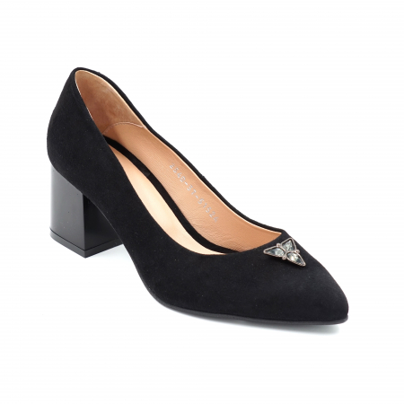 Pantofi dama din piele naturala intoarsa neagra cu varf ascutit stileto si toc mic gros 6 cm 51524-3-24 [2]