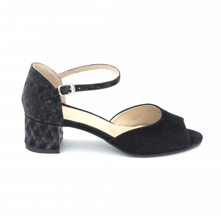 Sandale elegant & office dama - Sandale dama din piele naturala intoarsa neagra si cu imprimeu 3D negru cu varf rotund si toc mic gros 5 cm 1065-6-24