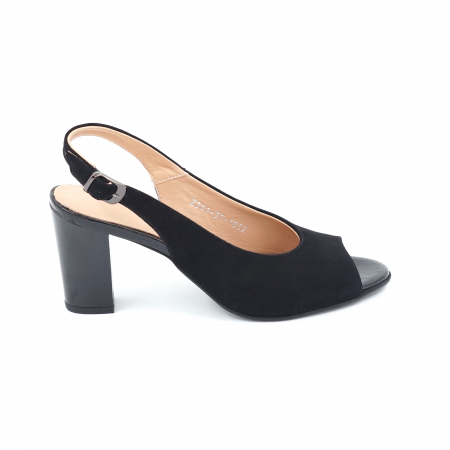 Sandale dama - Sandale dama din piele naturala lacuita si intoarsa neagra cu varf rotund si toc mediu gros 7 cm 1032-24