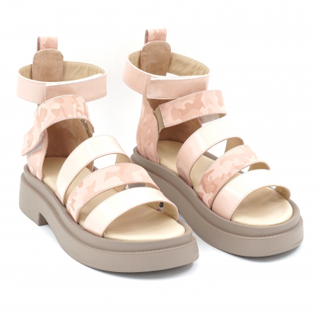 Sandale dama din piele naturala lacuita nude roze si cu imprimeu militar nude roze tip ROMANE, cu varf rotund si talpa inalta 5 cm 3521-24 [4]