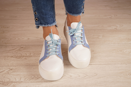 Pantofi dama tip adidas din piele naturala bizonata alba si albastru deschis belu cu varf rotund si talpa 3 cm 61520-20 [3]