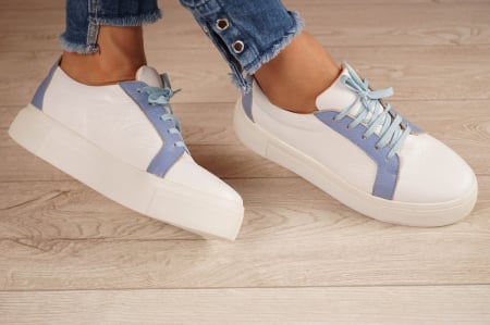 Lichidare stocuri - Pantofi dama tip adidas din piele naturala bizonata alba si albastru deschis belu cu varf rotund si talpa 3 cm 61520-20