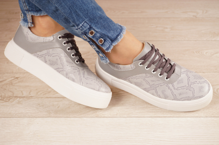 Lichidare stocuri - Pantofi dama tip adidas  din piele naturala gri si cu imprimeu gri cu varf rotund si talpa 3 cm  57018-21