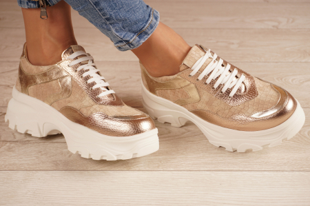 Pantofi dama tip adidas din piele naturala aurie si bej cu imprimeu, cu varf rotund si talpa 5 cm 50221-21 [5]