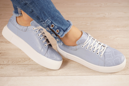 Lichidare stocuri - Pantofi dama tip adidas  din piele naturala albastru deschis bleu cu imprimeu, varf rotund si talpa 3 cm  60520-21