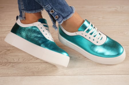 Lichidare stocuri - Pantofi dama tip adidas  din piele naturala verde metalizat cu varf rotund si talpa 3 cm  60920-21