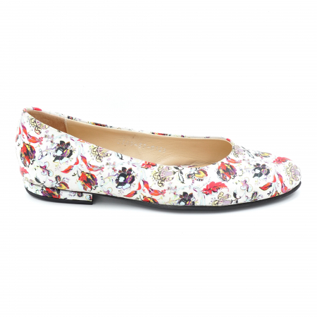 Pantofi elegant & office dama - Pantofi dama tip balerini din piele naturala cu imprimeu floral cu varf rotund si toc mic gros imbracat 1 cm 0125-24