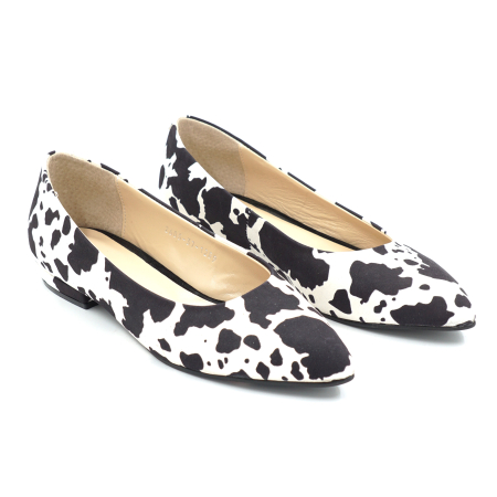 Pantofi dama tip balerini din piele naturala alb cu pete negre cu varf ascutit stiletto si toc mic imbracat de 1 cm 1289-26 [3]