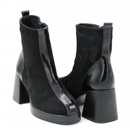 Ghete dama casual din piele naturala intoarsa si lacuita neagra cu varf rotund, platforma 2 cm si toc mic gros 6 cm 73321-1-23 [3]