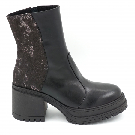 Ghete & bocanci dama - Ghete dama casual din piele naturala neagra si cu imprimeu negru si bronz cu varf rotund si toc mic gros 5 cm 73518-23