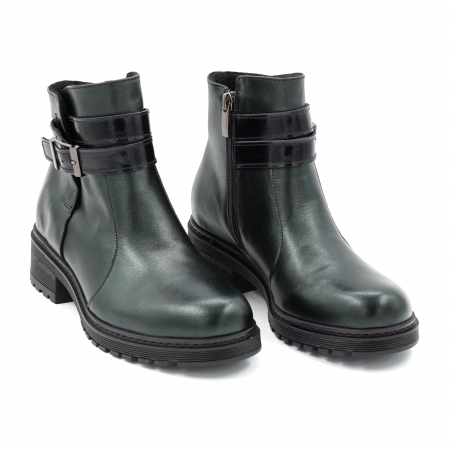 Ghete dama casual din piele naturala verde inchis smarald si lac negru cu accesoriu metalic, varf rotund si talpa 3 cm 73519-23 [2]