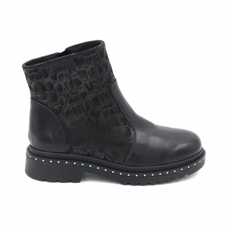 Ghete & bocanci dama - Ghete dama casual din piele naturala neagra si cu imprimeu croco negru cu varf rotund si talpa 3 cm 73521-23