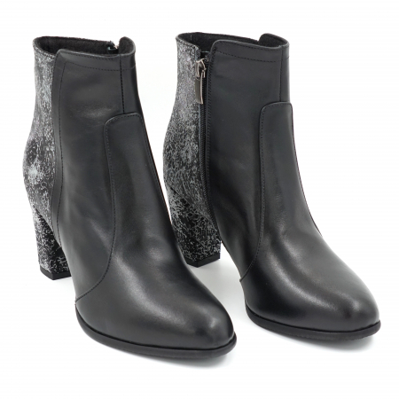 Ghete dama casual din piele naturala neagra si cu imprimeu negru cu gri cu varf rotund si toc mediu gros 8 cm  75818-23 [2]