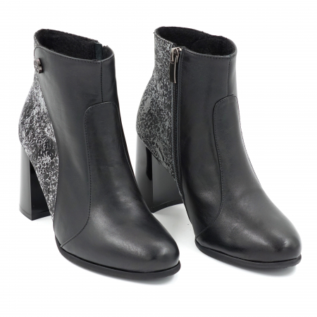 Ghete dama elegante din piele naturala neagra si cu imprimeu negru cu gri, cu varf rotund si toc mediu gros 8 cm  76120-23 [3]