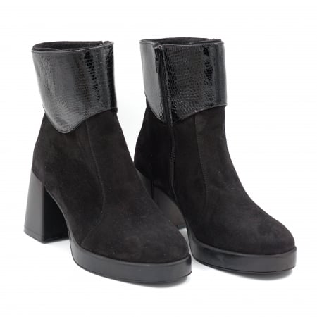 Ghete dama casual din piele naturala intoarsa neagra si cu imprimeu croco lac negru cu varf rotund, platforma 2 cm si toc mic gros 6 cm 79219-24 [2]
