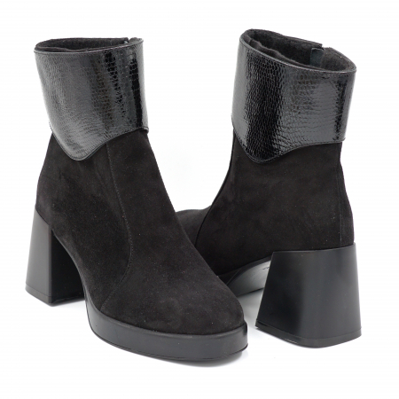 Ghete dama casual din piele naturala intoarsa neagra si cu imprimeu croco lac negru cu varf rotund, platforma 2 cm si toc mic gros 6 cm 79219-24 [3]