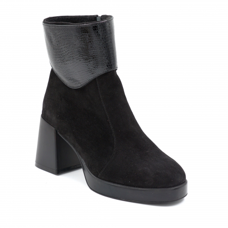Ghete dama casual din piele naturala intoarsa neagra si cu imprimeu croco lac negru cu varf rotund, platforma 2 cm si toc mic gros 6 cm 79219-24 [1]