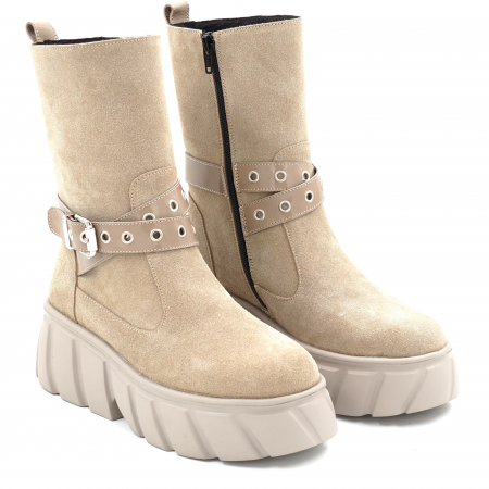 Cizma dama din piele naturala intoarsa bej cappucino cu varf rotund si talpa de 5 cm 75719-25 [2]
