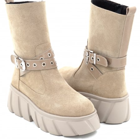 Cizma dama din piele naturala intoarsa bej cappucino cu varf rotund si talpa de 5 cm 75719-25 [3]