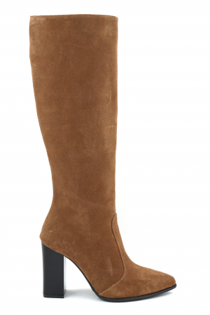 Lichidare stocuri - Cizme dama din piele naturala intoarsa maro coniac cu varf ascutit si toc inalt de 9 cm 70123-9-25