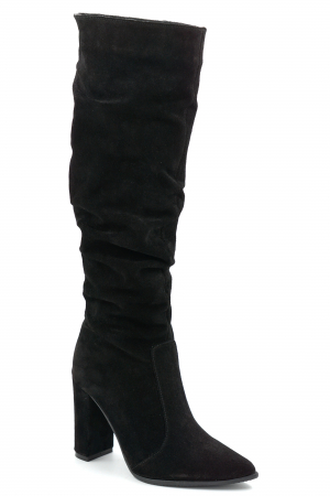 Cizme dama din piele naturala intoarsa neagra cu varf ascutit stiletto si toc inalt gros imbracat de 9 cm 77221-10-25 [1]