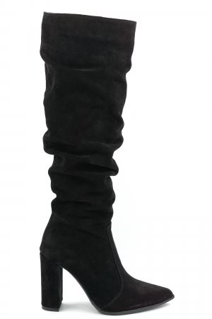 Cizme elegant & office dama - Cizme dama din piele naturala intoarsa neagra cu varf ascutit stiletto si toc inalt gros imbracat de 9 cm 77221-10-25